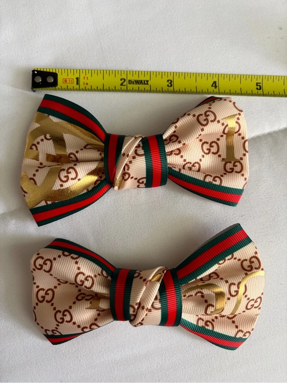 Designer-Inspired Beige Bow Hair Clips with Red & Green Trim